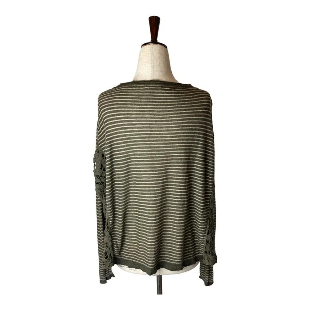 Free People Olive Green Stripe Crochet Sides Linen Blend Long Sleeve Top Size XS